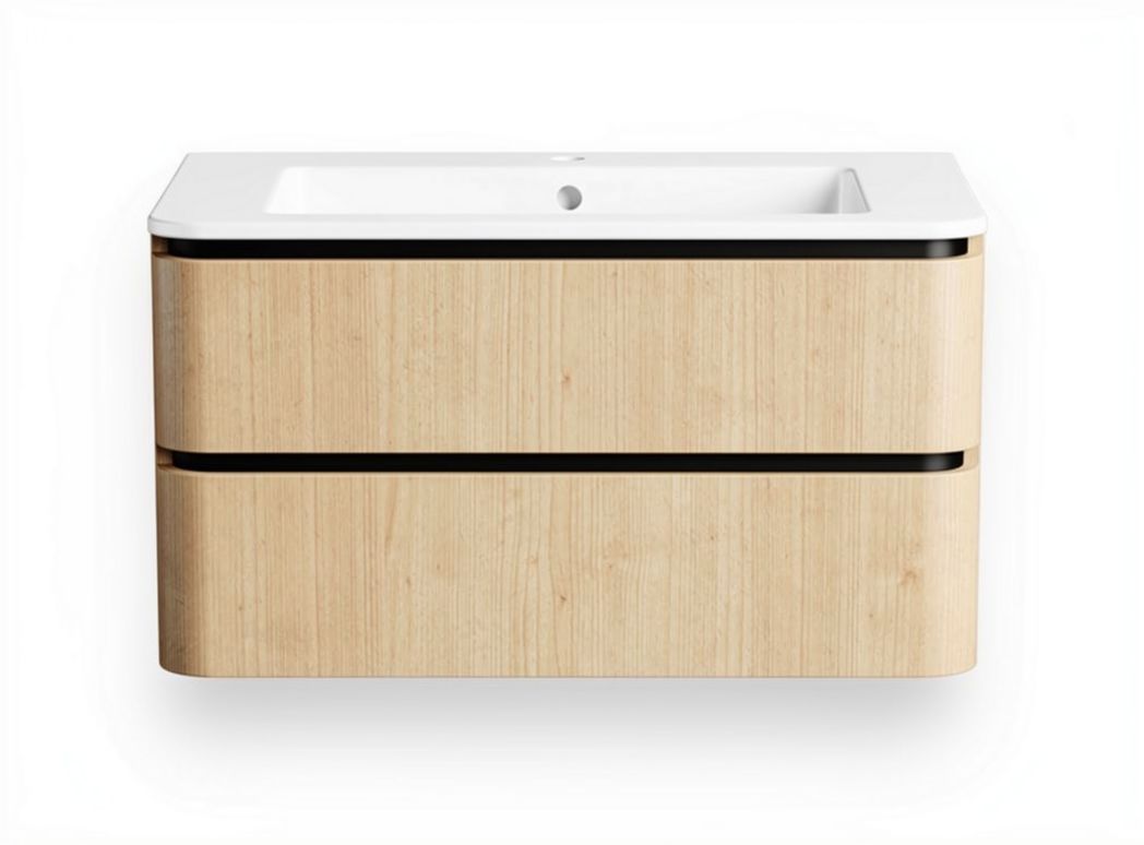 Wooden bathroom vanity with white sink and two drawers 60 x 45 x 20cm