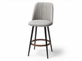 Adjustable height bar stool with fabric upholstery and wooden accent in gray