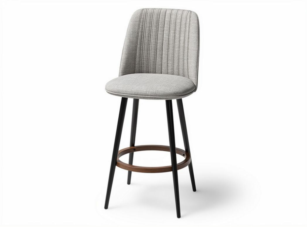 Adjustable height bar stool with fabric upholstery and wooden accent in gray