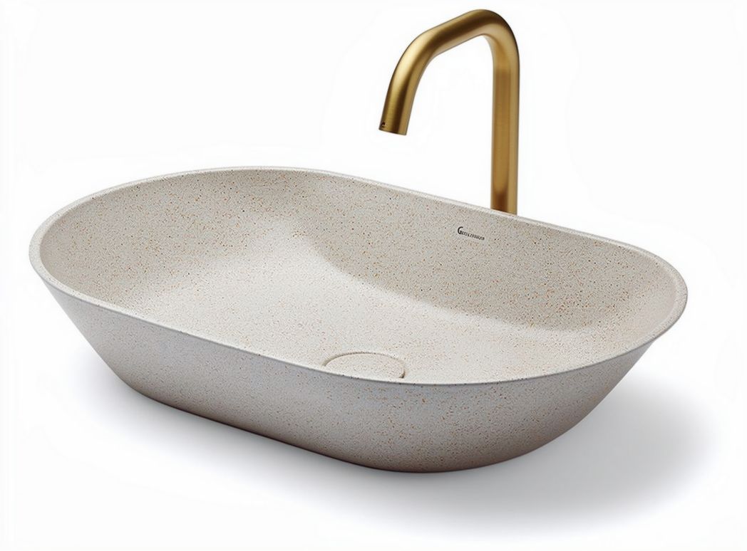 Oval stone bathroom sink with brushed gold faucet 60 x 40 x 15cm