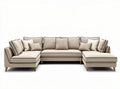 L-shaped sectional sofa in soft gray fabric with multiple cushions 250 x 300 x 85cm