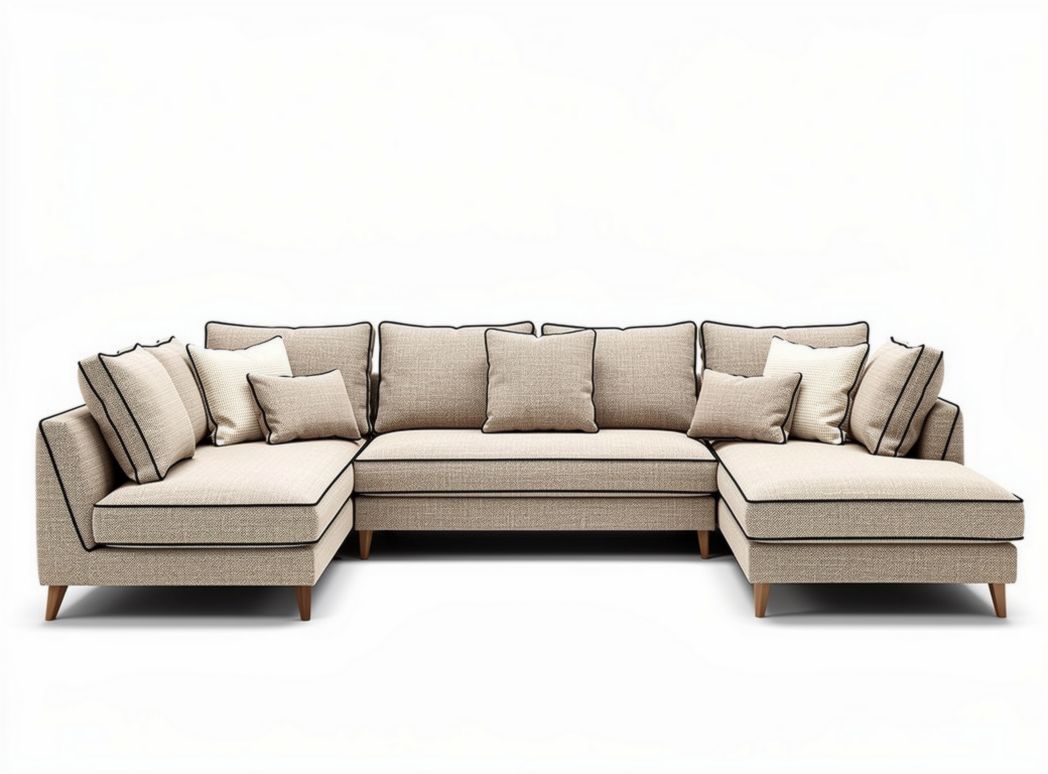 L-shaped sectional sofa in soft gray fabric with multiple cushions 250 x 300 x 85cm