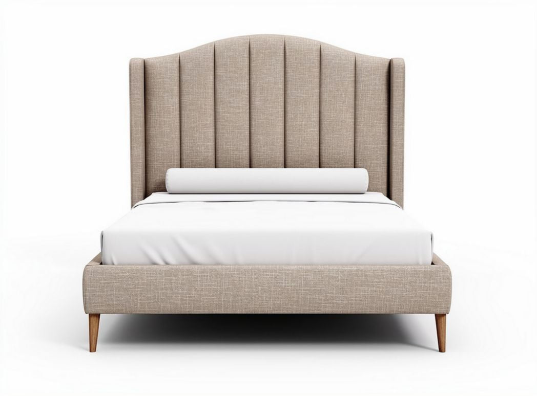 Upholstered bed frame with linen style fabric and solid wood legs 210 x 160 x 110cm