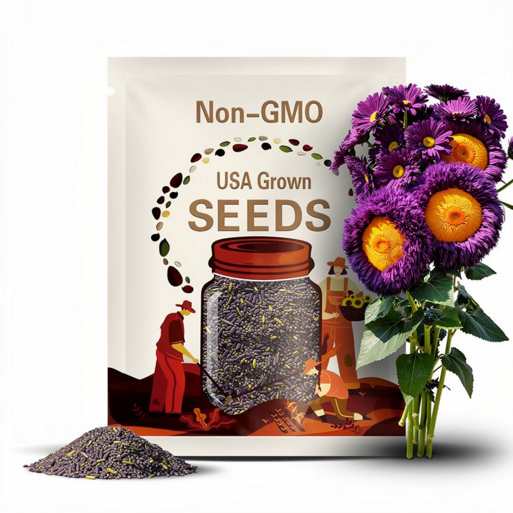 50pcs Purple-Yellow Enchanting Giant Teddy Bear Sunflower Seeds Unique Bicolor Fluffy Blooms for Creative Garden Beds, Borders, and Bouquets